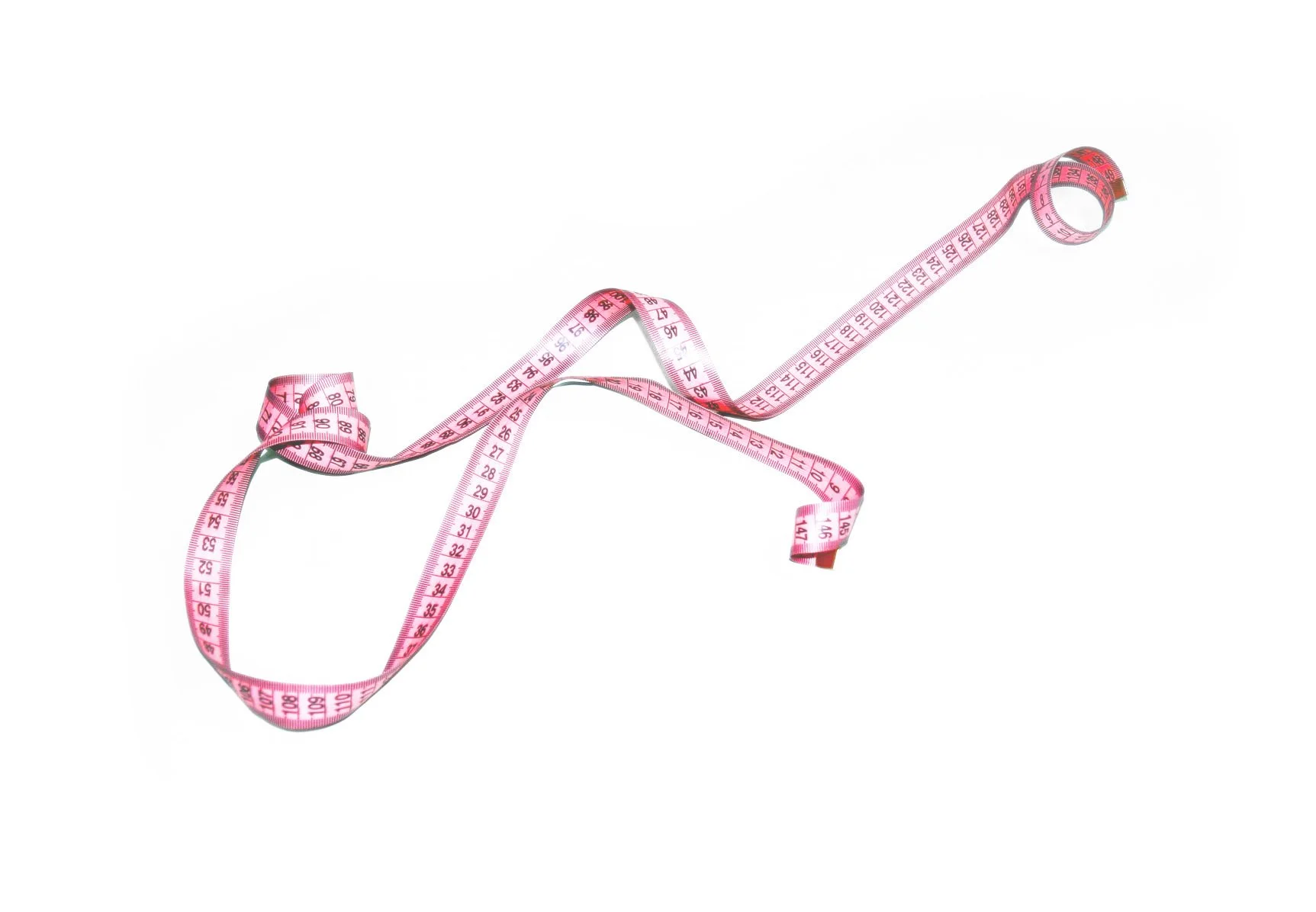 Pink measuring tape arranged in the shape of an upward arrow on a white background.
