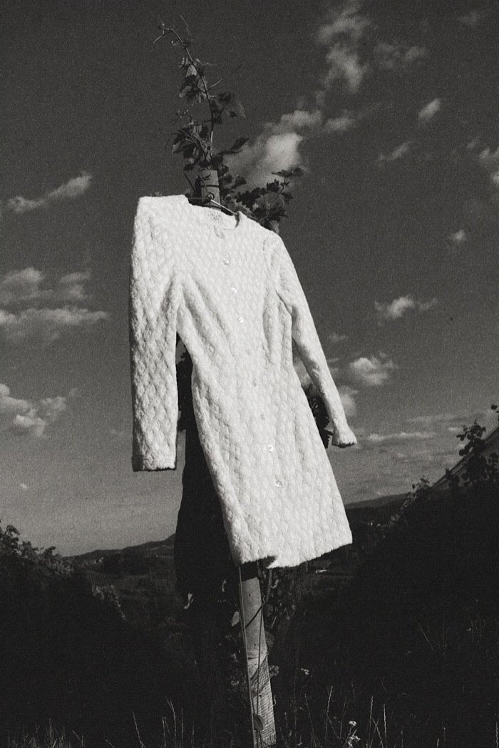 A coat hung on a tree branch in a rural outdoor setting with cloudy sky in the background.