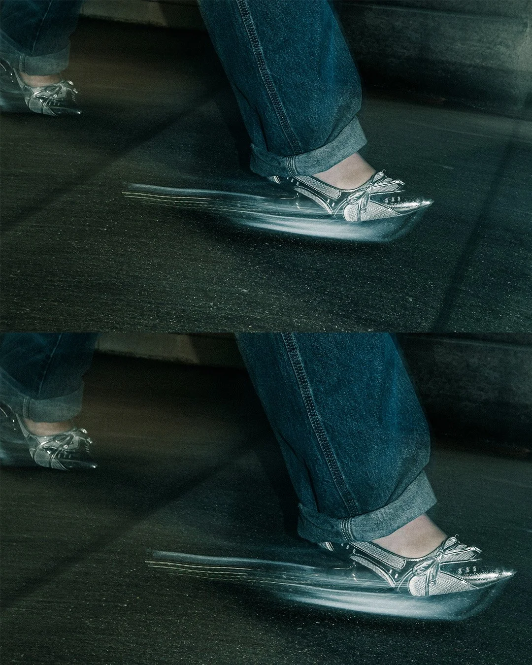 close up of metallic shoes on an escalator with motion blur, stylized detail shot with cinematic lighting