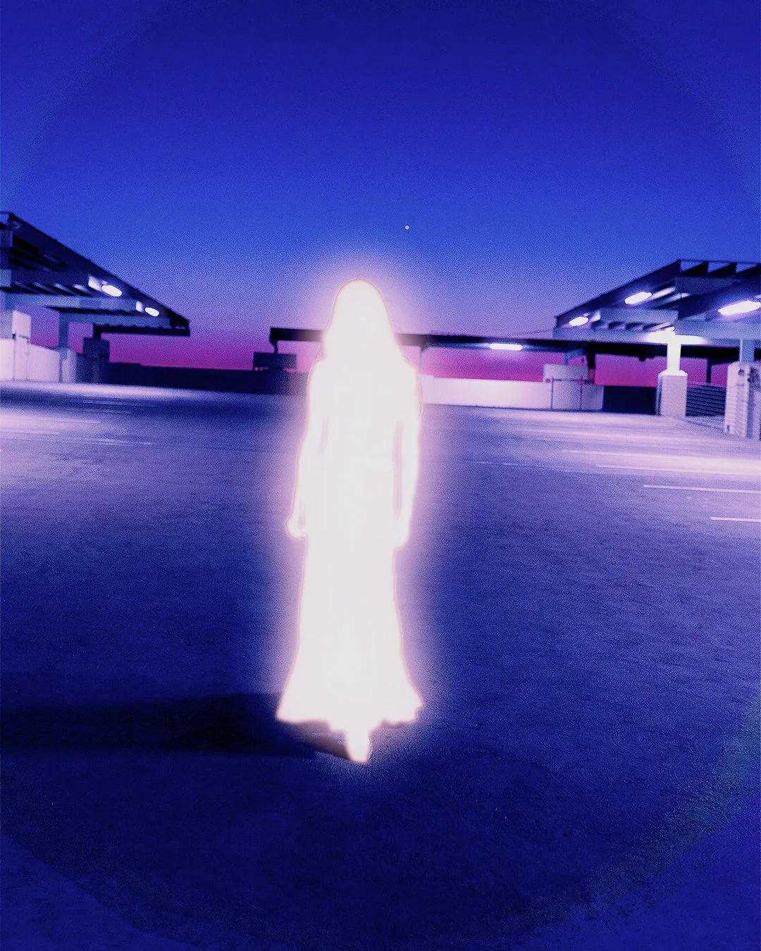 glowing silhouette figure in an empty parking lot at dusk, cinematic surreal photography with neon tones