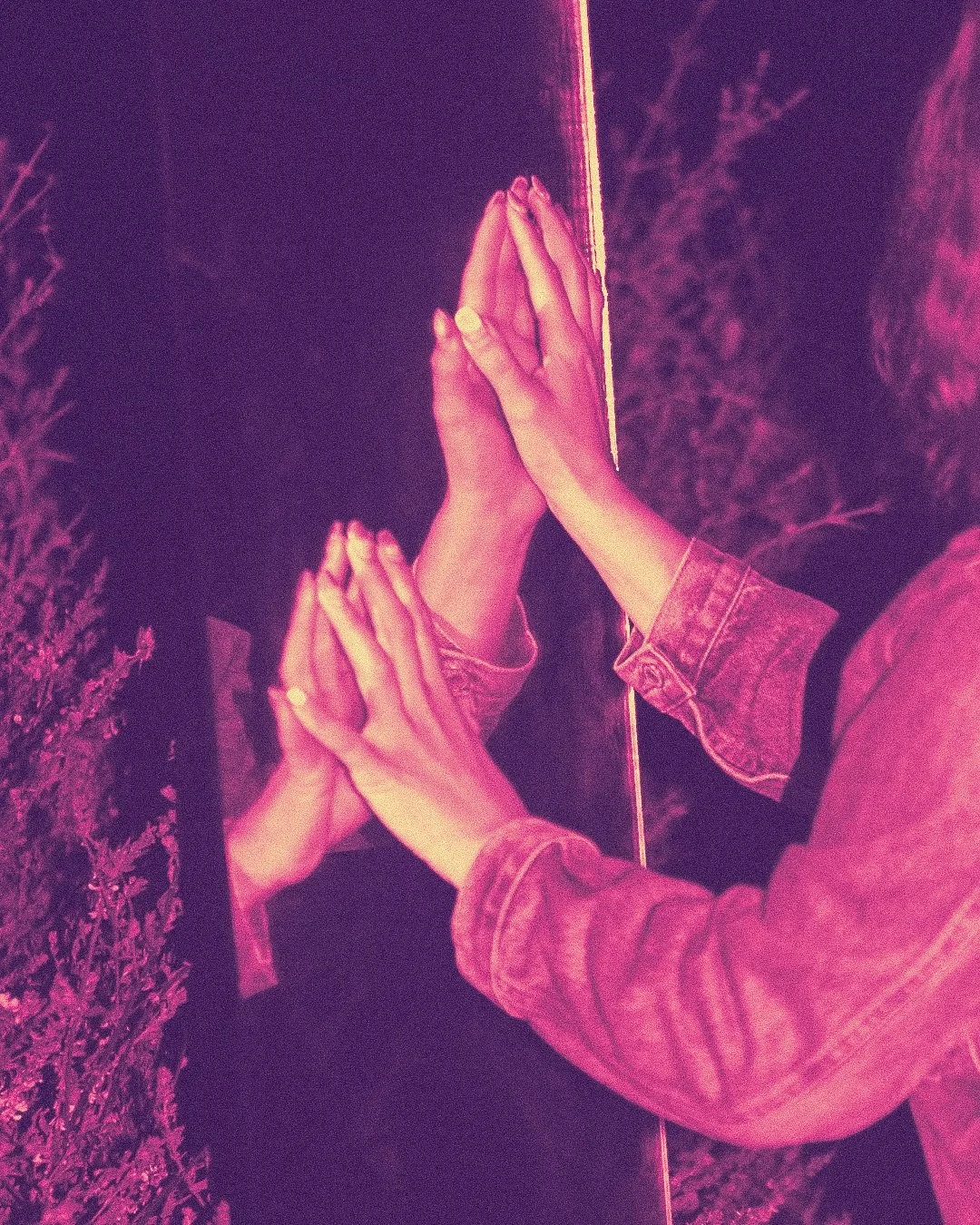 Two people with denim jackets press their palms together, creating a mirrored reflection in front of a dark background with some foliage.