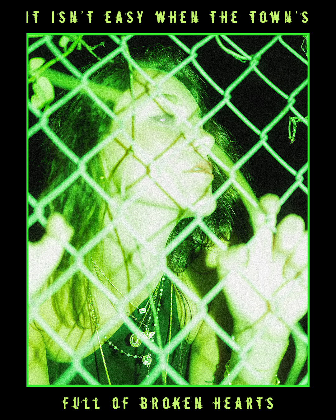 neon green portrait behind chain link fence with text overlay, experimental editorial photography
