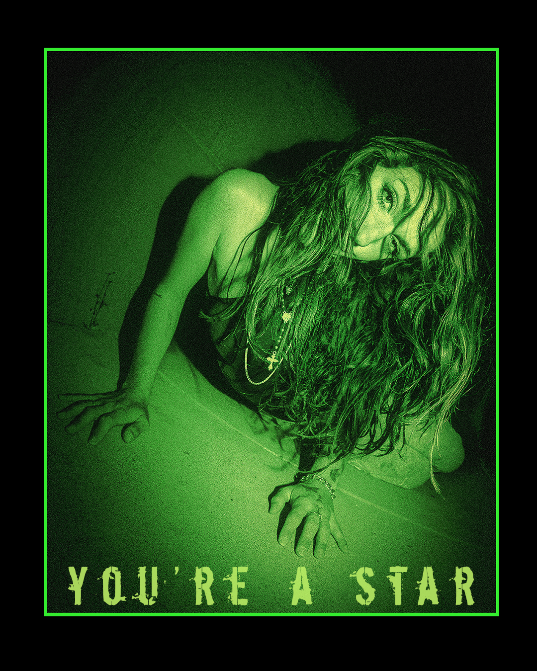 green tinted distorted portrait with harsh flash and graphic text, underground editorial photograhy