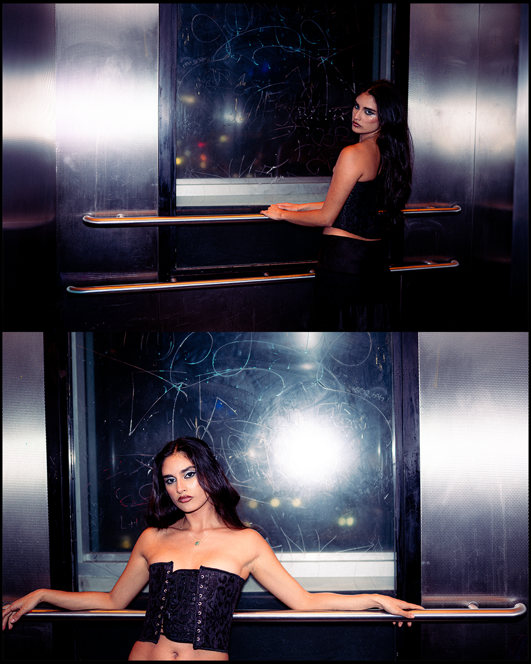 moody elevator portrait with direct flash, cinematic editorial photography