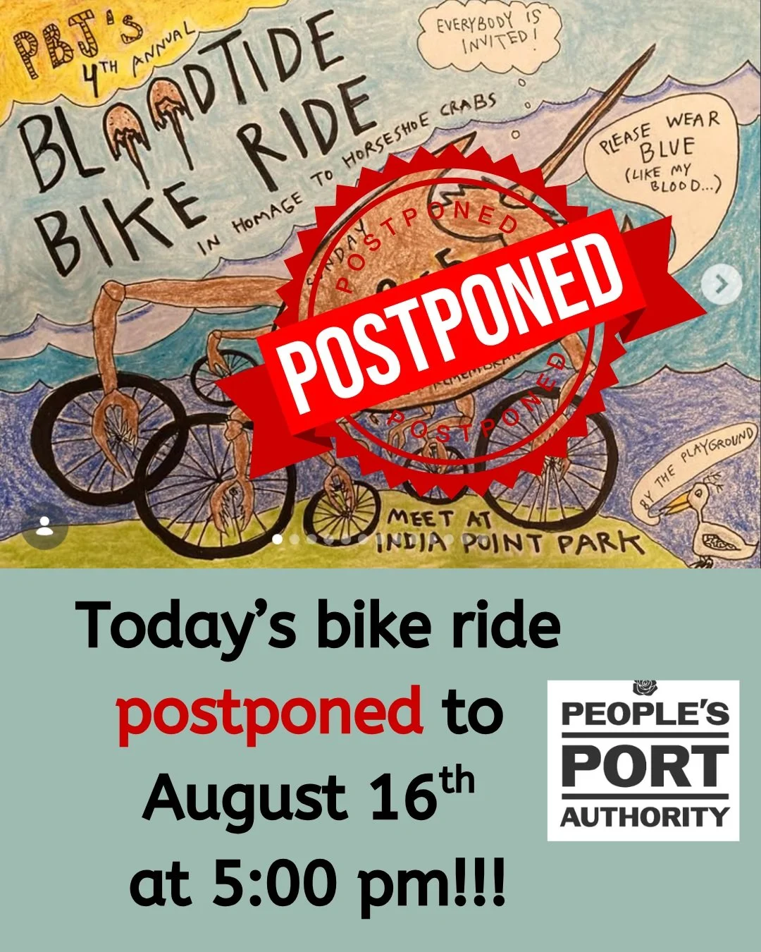 From Eli Nixon: BLOODTIDE BIKE RIDE POSTPONED! 🌊🌊🌊

Please join us next Sunday at 5pm at India Point Park (by the playground). Too hot today...

Hope to see you on the 16th!

💧Wear blue like HS crab blood
🌊raise funds for @peoplesportauthority
?