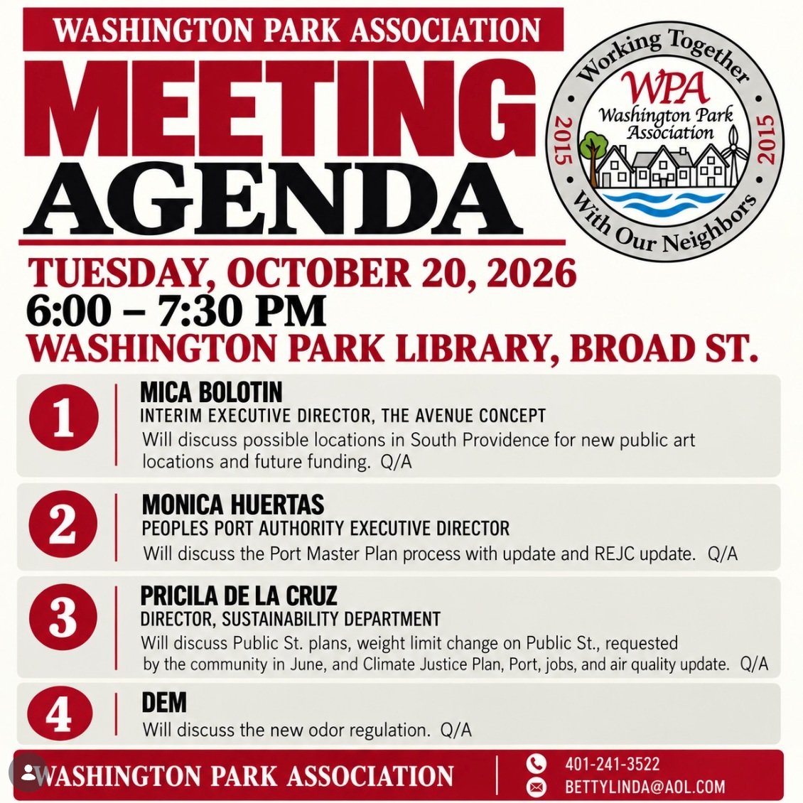 Come on out TUESDAY OCTOBER 20, 2026 to Washington Park Library (1316 Broad Street) from 6:00 pm - 7:30 pm!

We have SUPER IMPORTANT updates! 

Come hear about:

1. The Public Street Right of Way and a NEW ROUND of slowdowns on its rejuvenation!!

2.