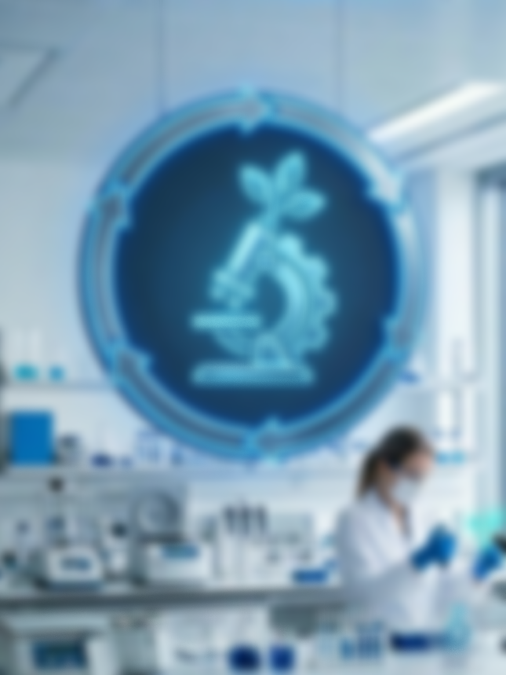 A blurry photo of a healthcare professional working in a laboratory or medical facility with a large blue medical symbol in the background.
