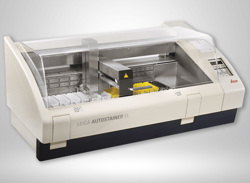 Leica AUTOSTAINER XL lab instrument with a transparent cover and control panel on the right