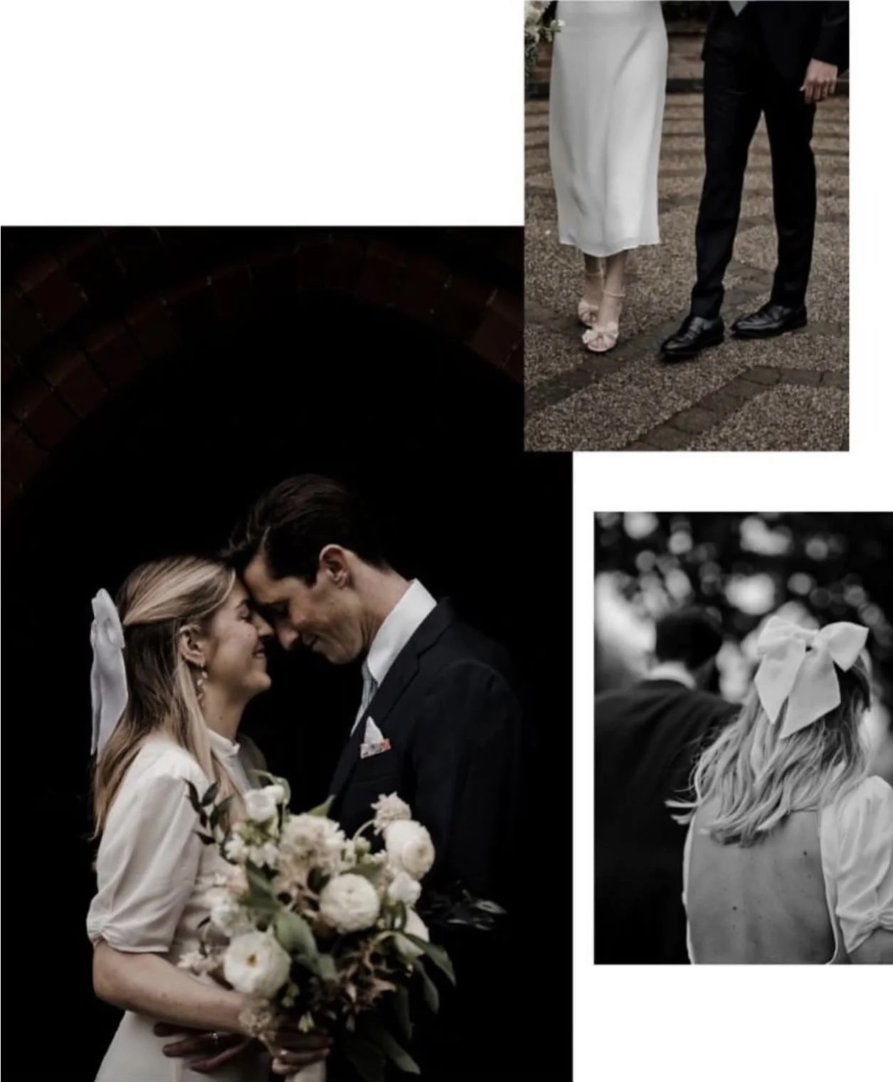 A wedding scene with a bride and groom close together, holding a bouquet of flowers, standing under an arch, and a couple walking outside in formal attire. Black and white image of a woman with a large bow in her hair.
