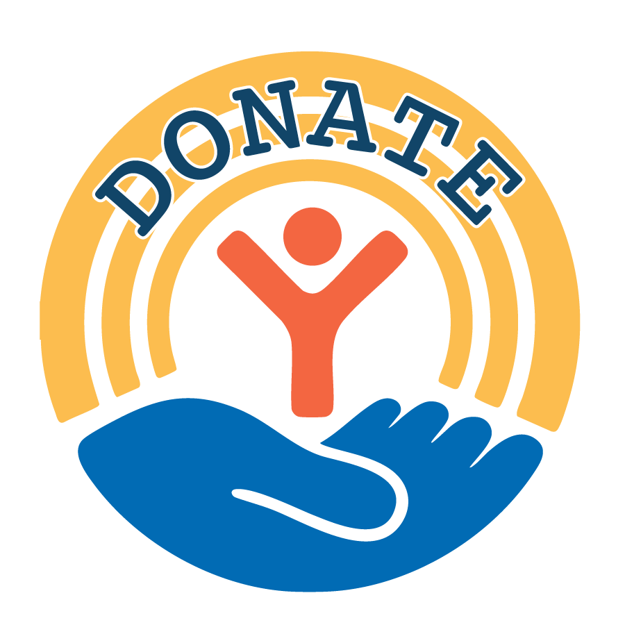 Golden Yellow, Orange, and Blue United Way Logo with "DONATE" in a serif font in dark blue with white outline