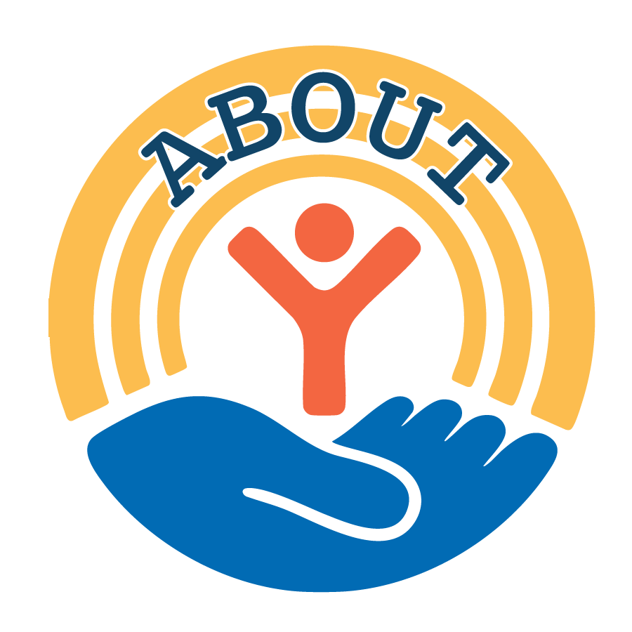 Golden Yellow, Orange, and Blue United Way Logo with "ABOUT" in a serif font in dark blue with white outline
