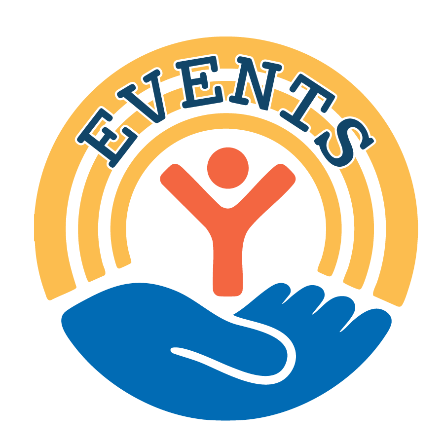Golden Yellow, Orange, and Blue United Way Logo with "EVENTS" in a serif font in dark blue with white outline