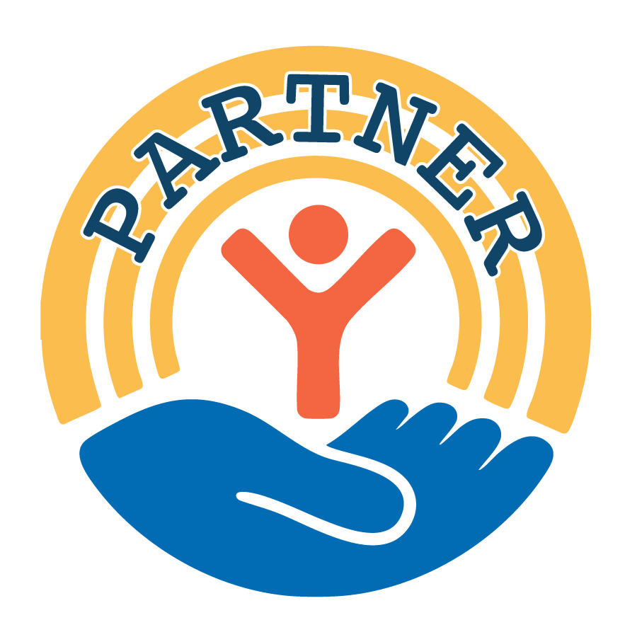 Golden Yellow, Orange, and Blue United Way Logo with "PARTNER" in a serif font in dark blue with white outline