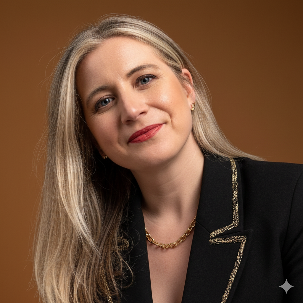 A blonde woman with blue eyes, wearing a black blazer with gold trim, a gold chain necklace, and earrings, smiling against a brown background.