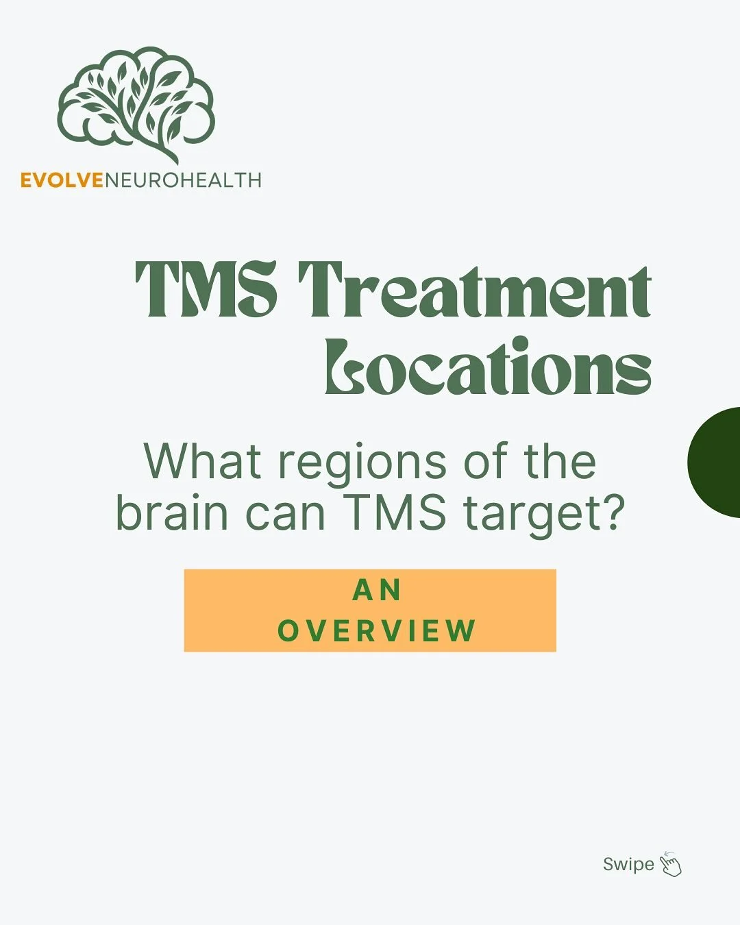 TMS can be applied to a variety of different brain locations to address different psychiatric and neurological conditions. Swipe to learn about the most common target locations and what they are used for!
