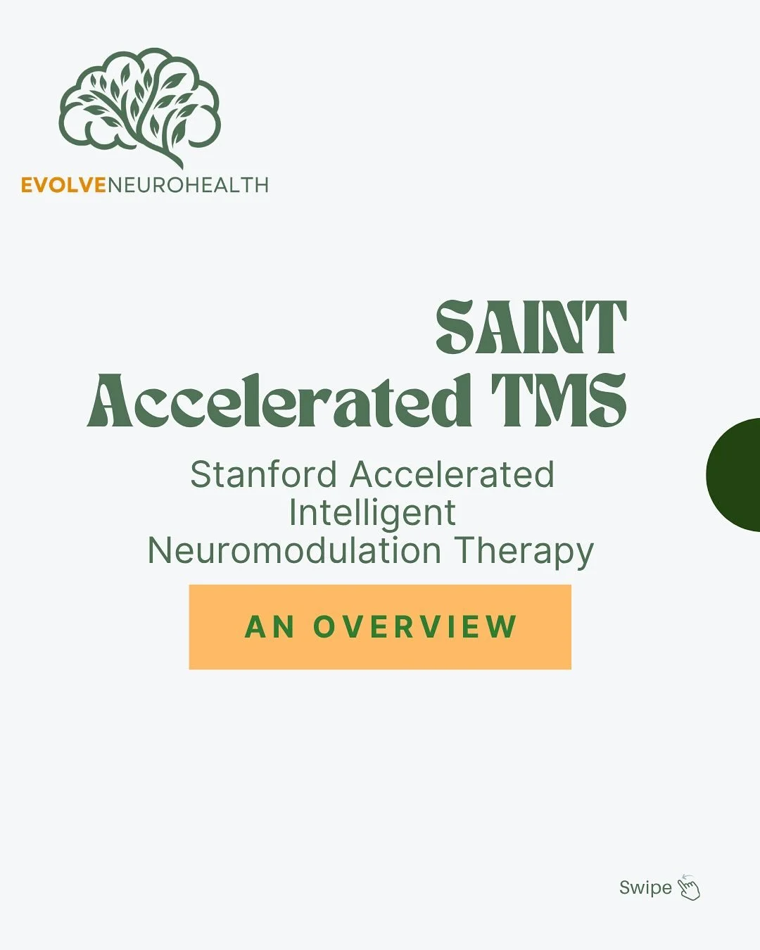 The Stanford Accelerated Intelligent Neuromodulation Therapy (SAINT) protocol is an accelerated TMS protocol that is FDA-approved for depression. Instead of receiving one TMS session per day for 36 days, patients receive 10 sessions per day in the sp