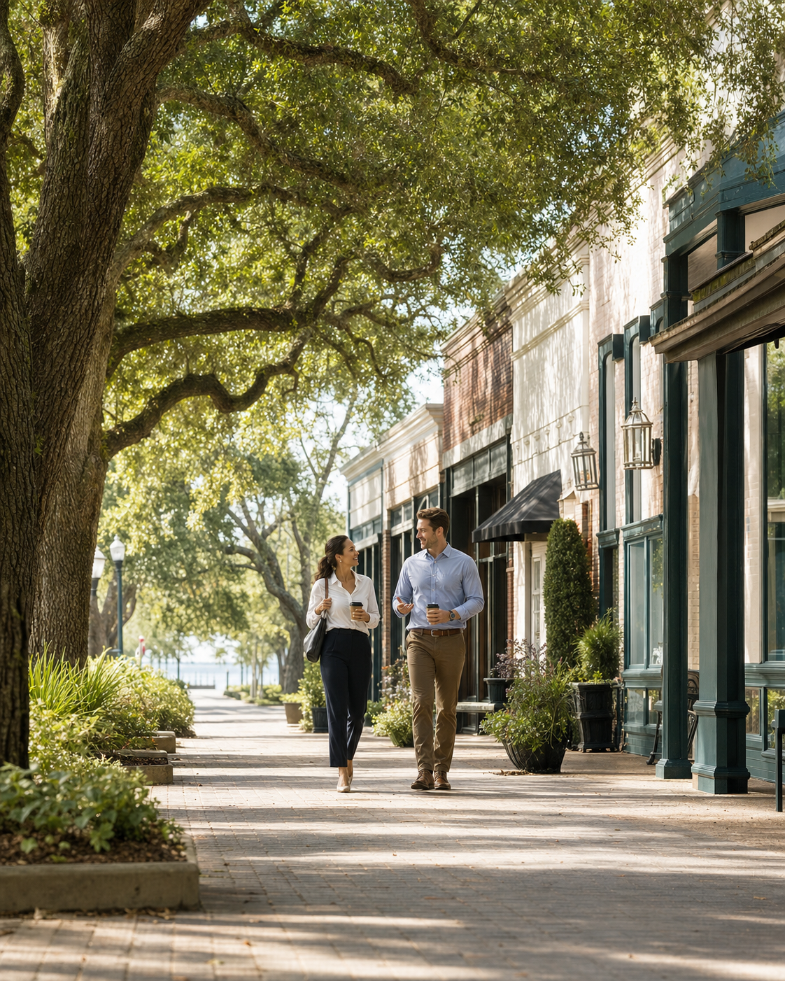 Two professionals walking beneath live oaks in an Eastern Shore business district.