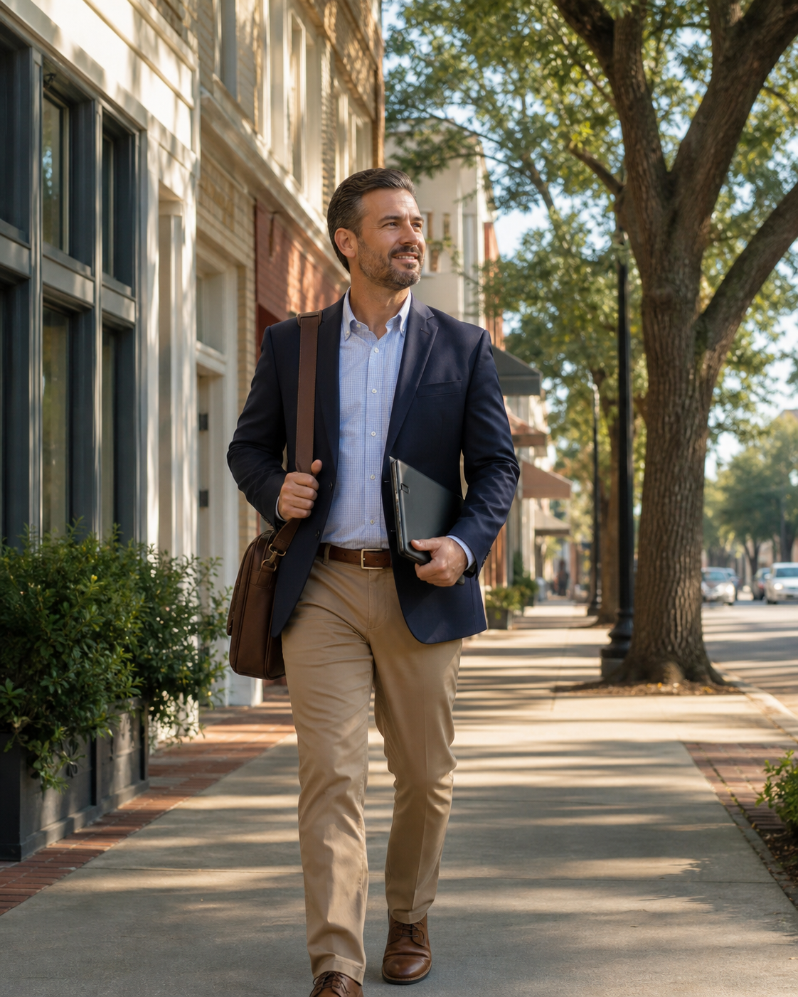 Professional candidate walking to an interview along a live-oak-lined Eastern Shore street.
