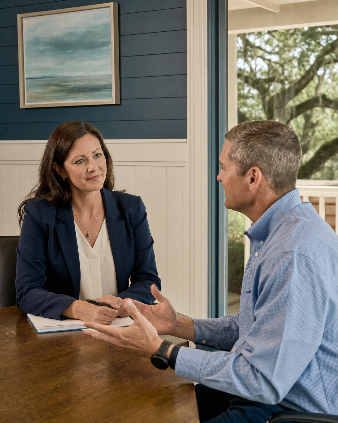 Recruiter listening to a local business owner in a welcoming Eastern Shore meeting room.