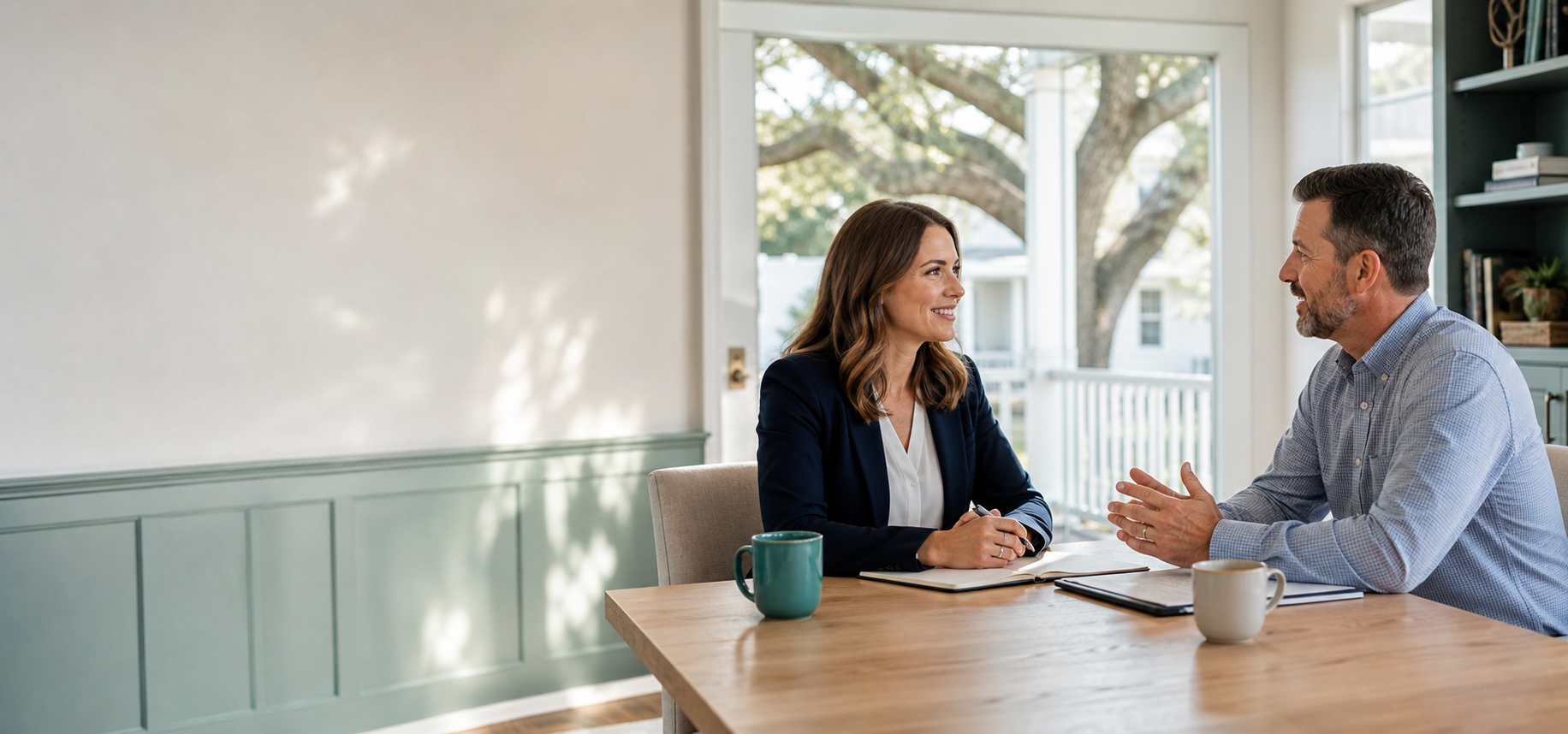 Recruiter and local business leader discussing a hire in a bright Eastern Shore office.