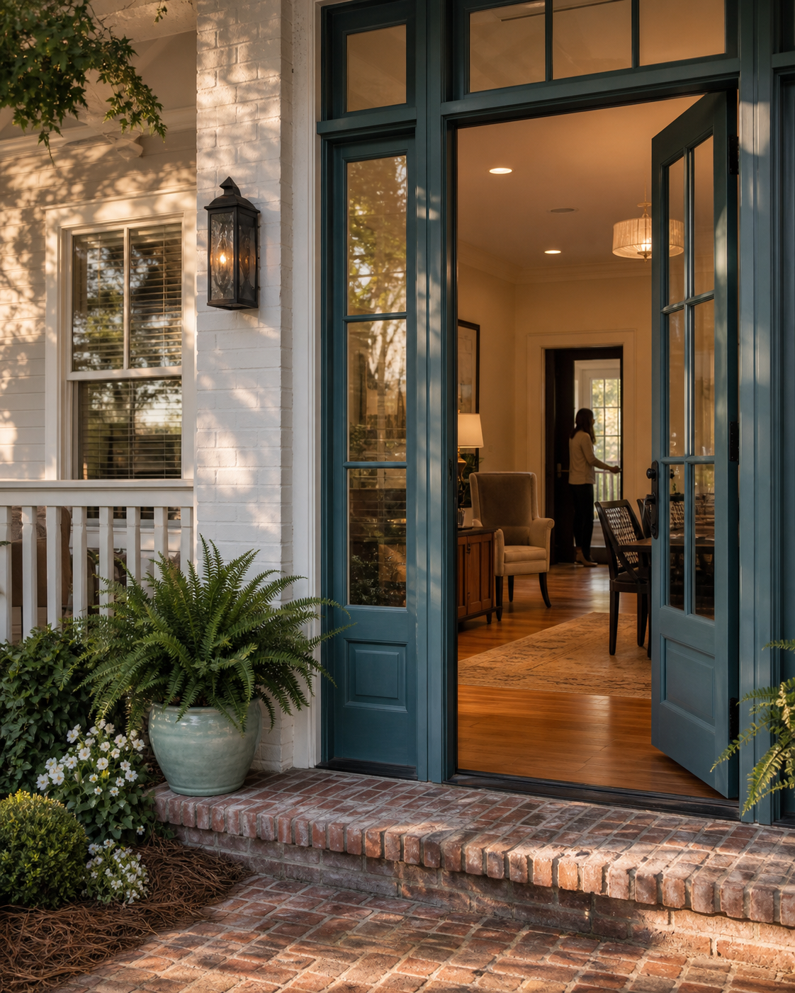 Welcoming coastal professional office entrance with deep teal doors and live-oak shade.