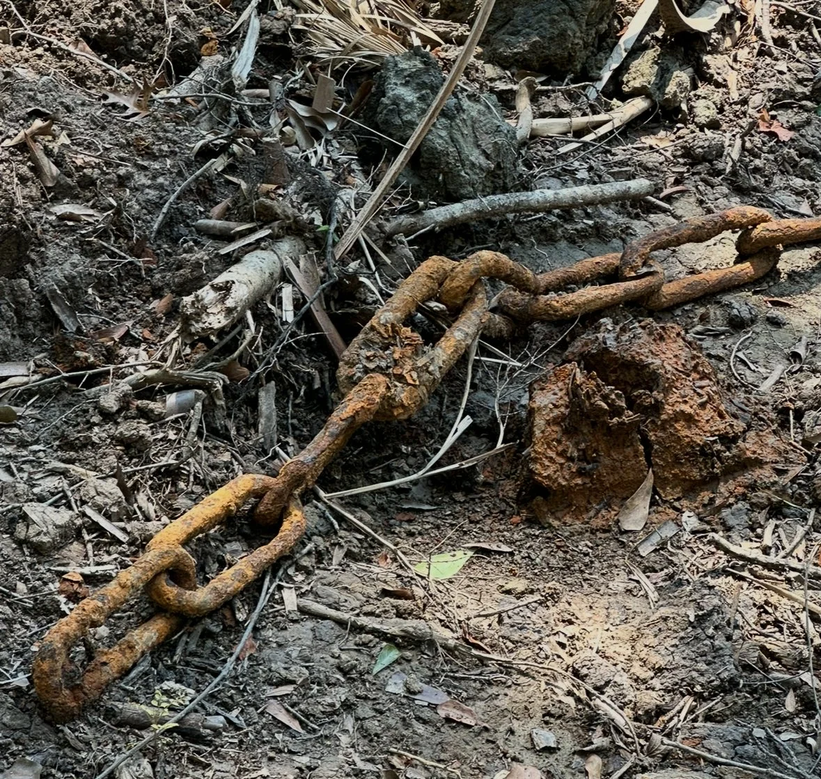 A rusted metal chain partially buried in dirt with small rocks and debris around it.