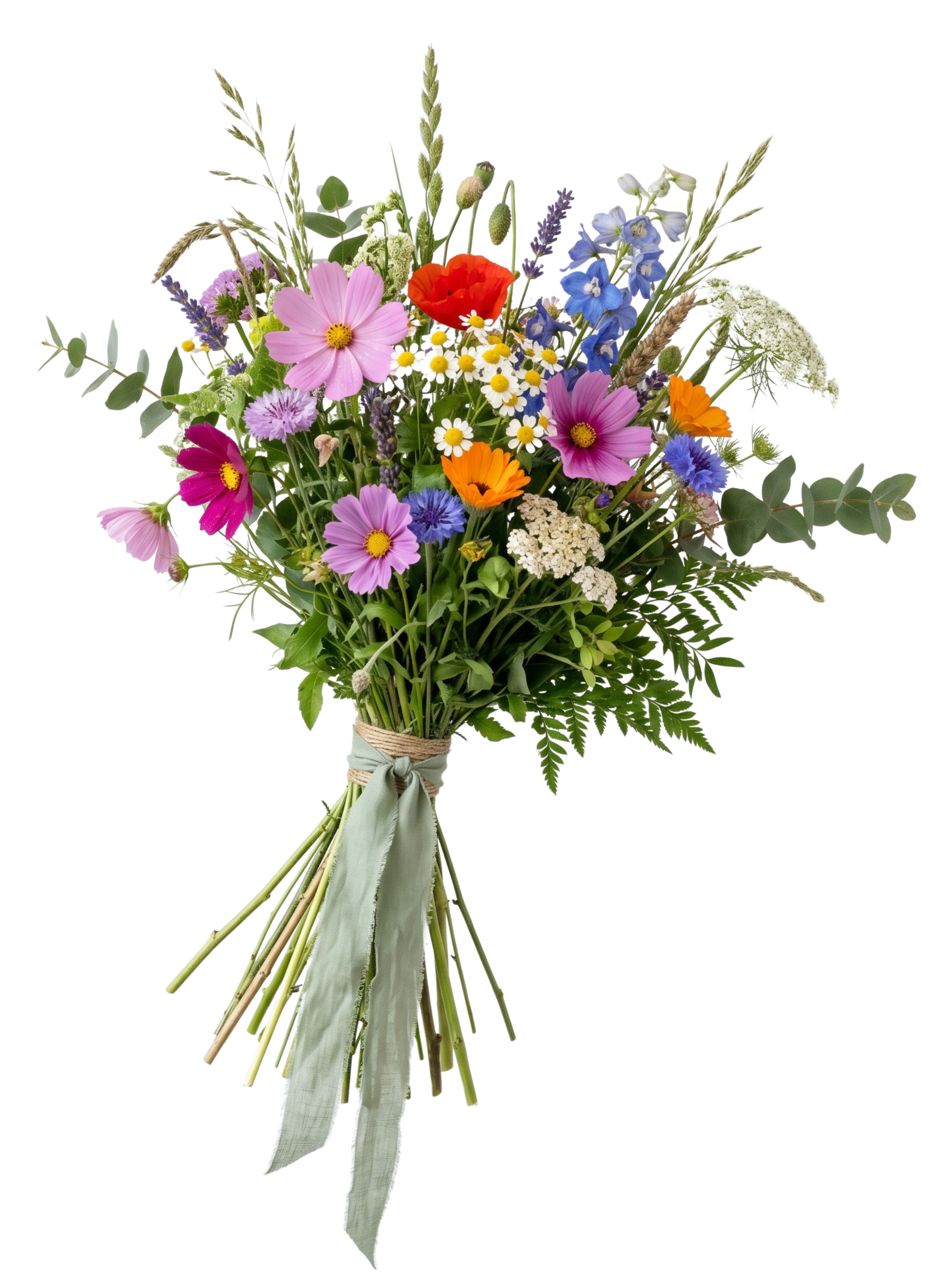 Colorful mixed flower bouquet with pink, purple, orange, white, blue, and yellow flowers, tied with a light green ribbon.