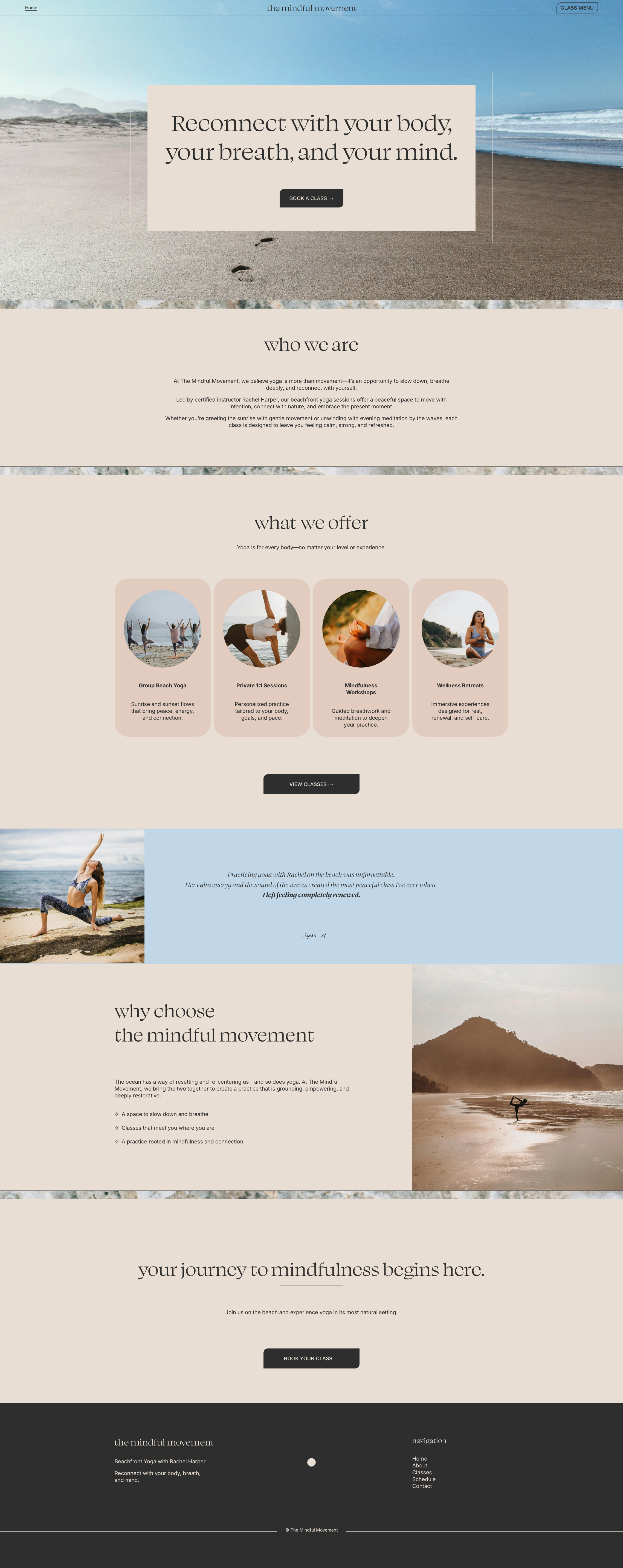 Website homepage for The Mindful Movement, promoting yoga classes at a beach location with images of beach scenes, yoga, and meditation.