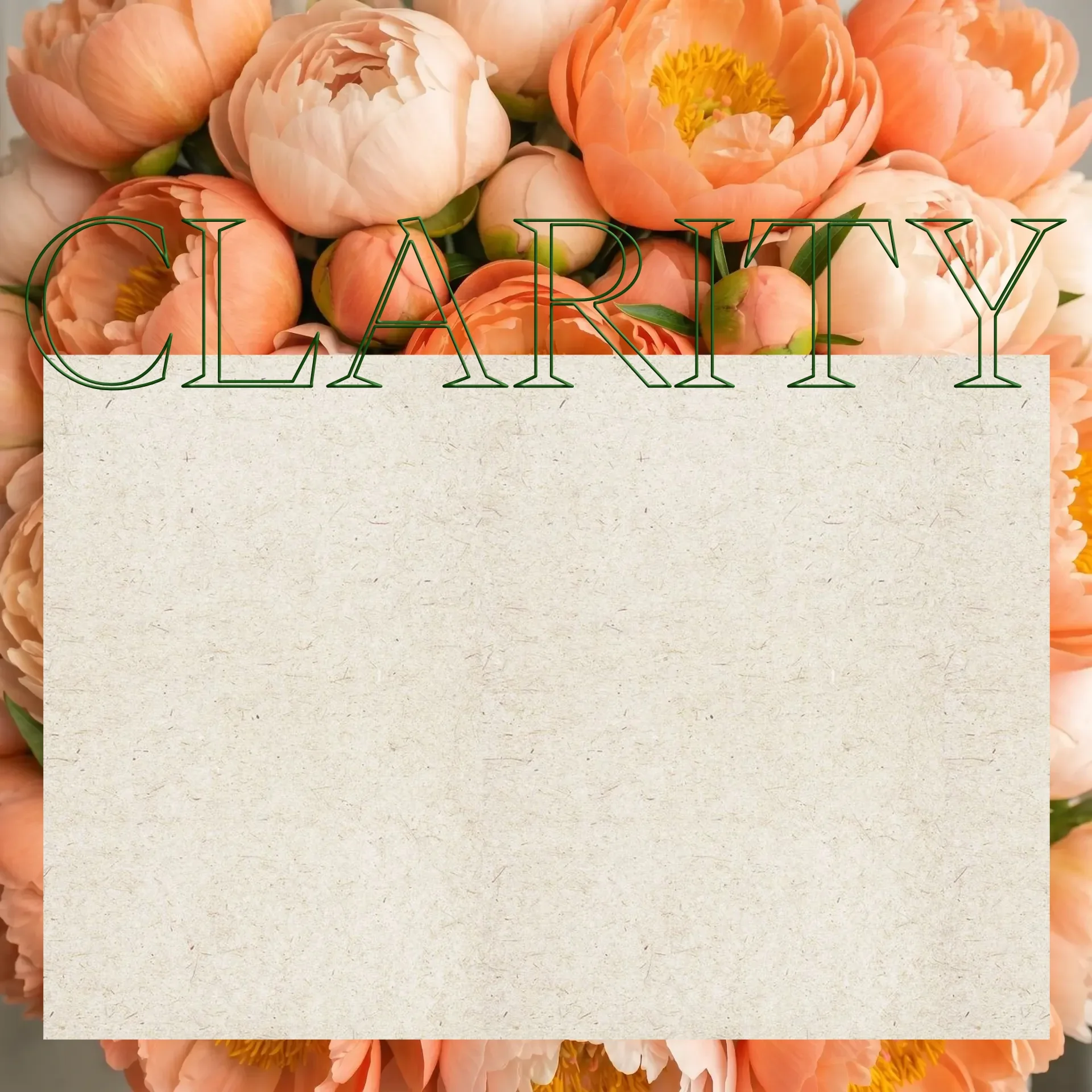 Note card surrounded by peonies with the word "clarity" at the top in all caps.