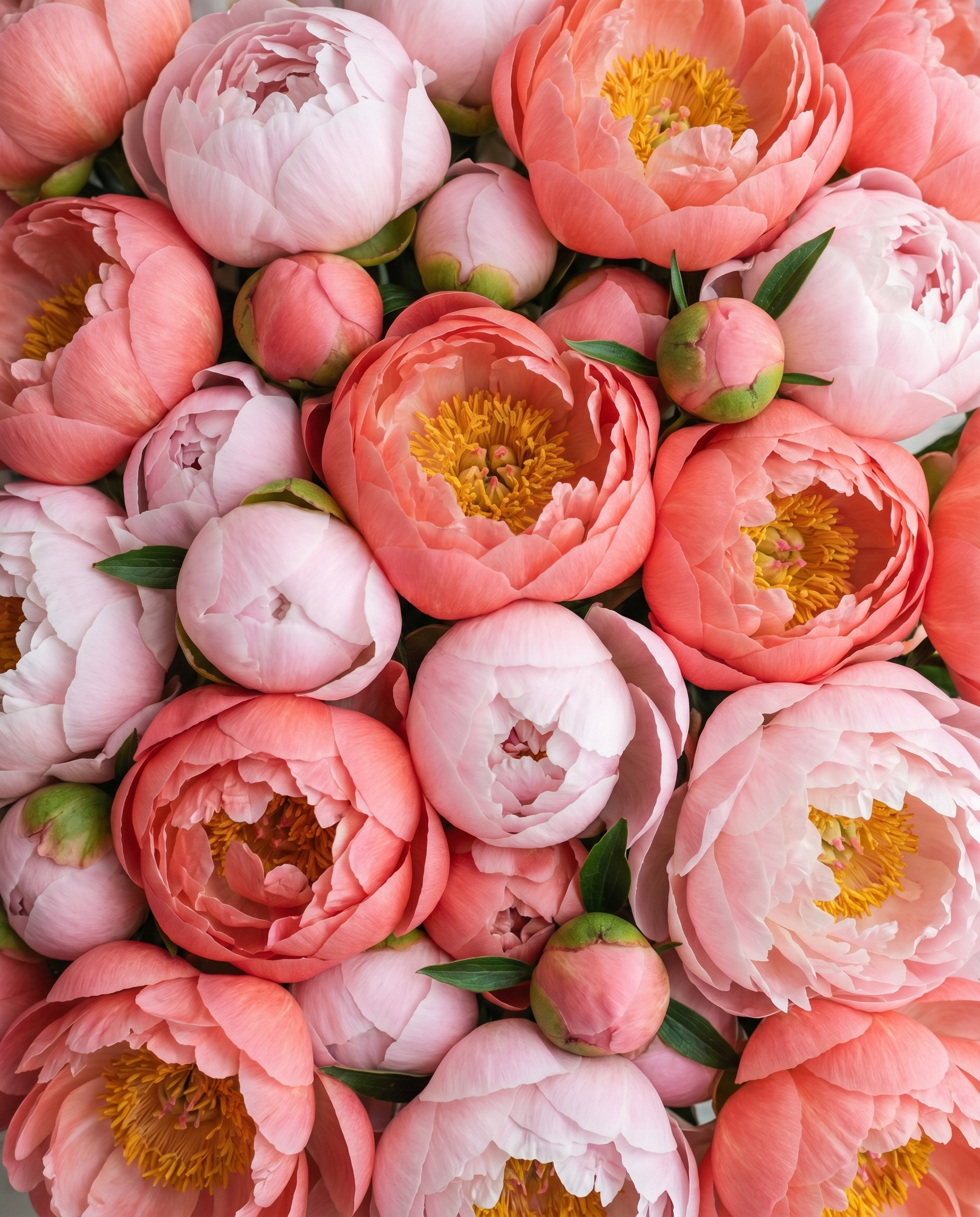 Close-up of pink and peach peony flowers with green leaves.