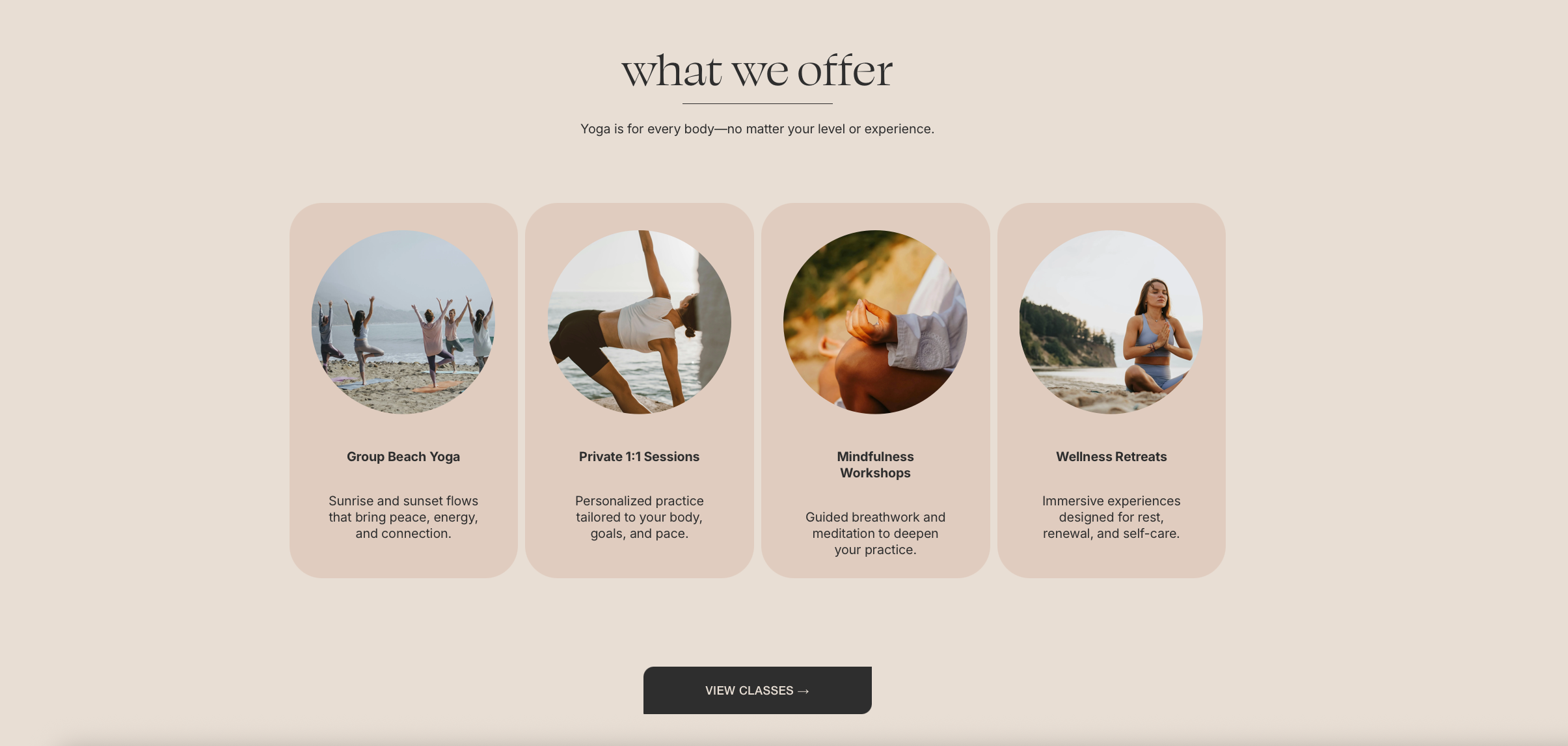 Website offering yoga classes, including group beach yoga, private sessions, mindfulness workshops, and wellness retreats, with a "View Classes" button.