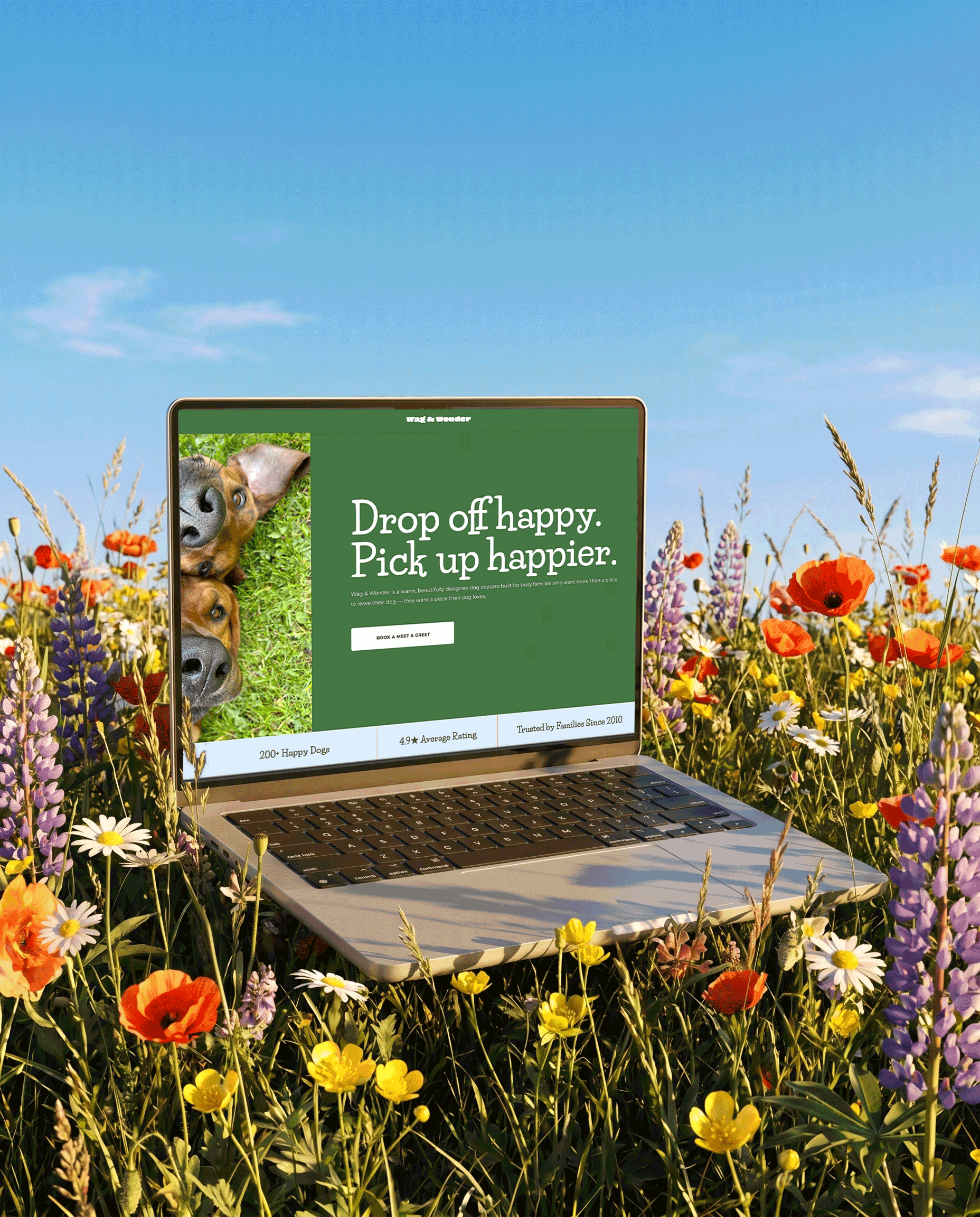 Laptop on grass with colorful wildflowers in a field, displaying a website about dog daycare with pictures of happy dogs and text, under a clear blue sky.