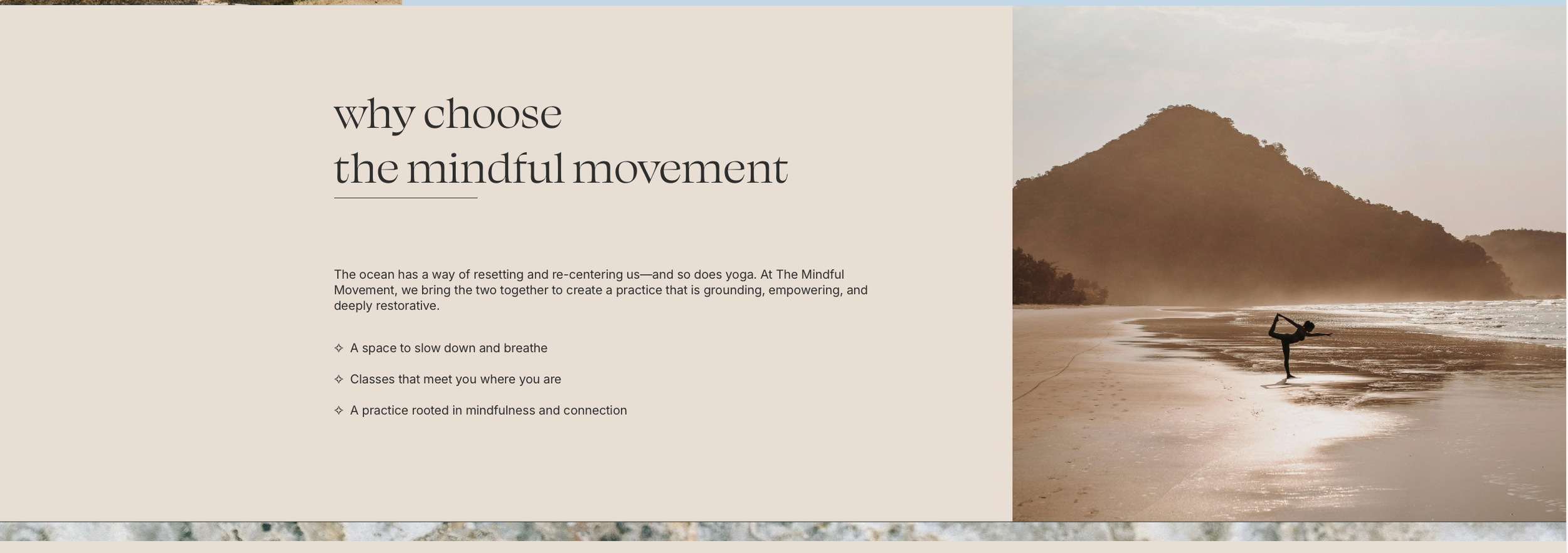 A website section showing text on the left and, on the right, a person practicing yoga on a beach at sunset with mountains in the background