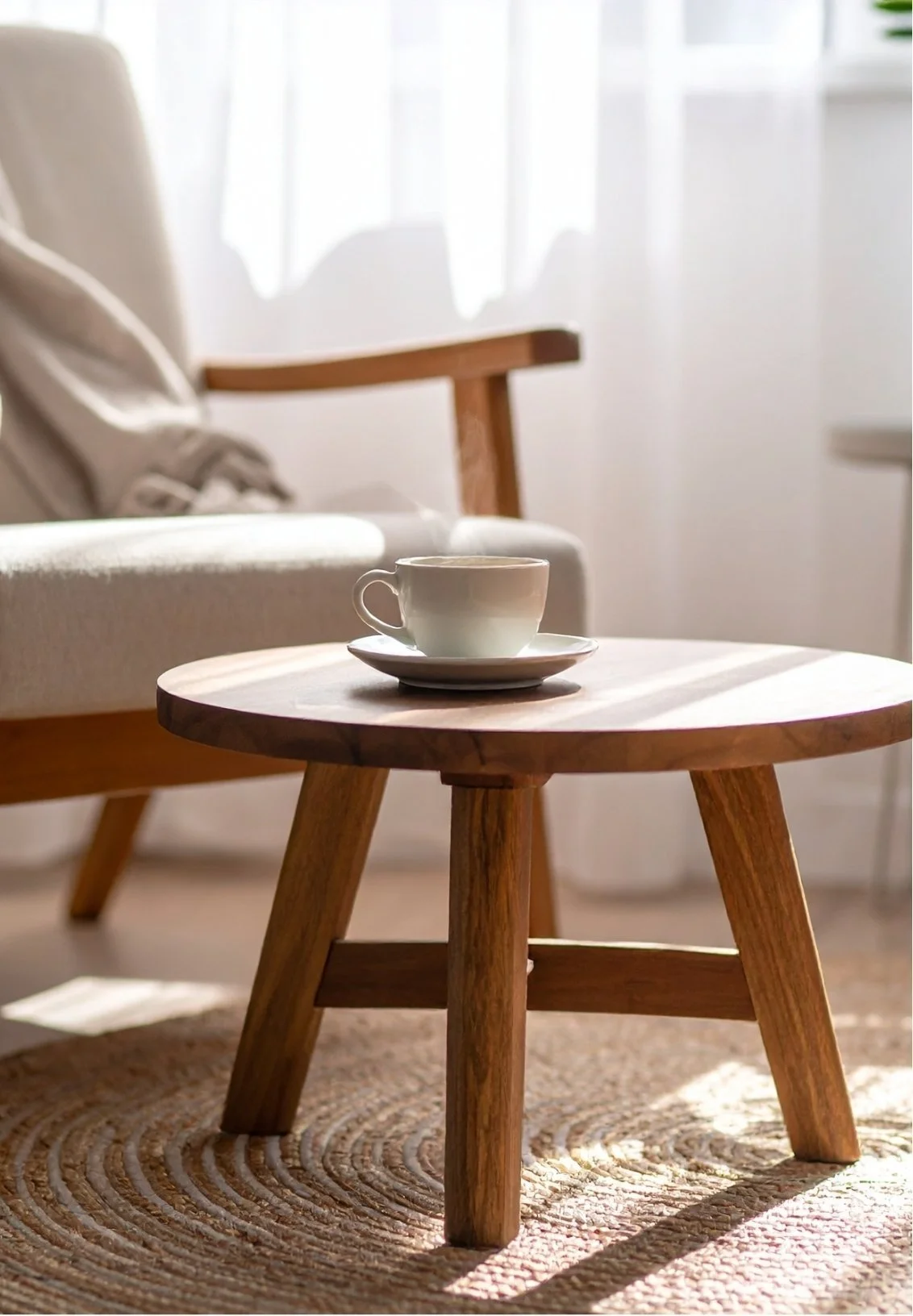 A small wooden coffee table with a white coffee cup on a saucer, in a cozy living room with a beige armchair, a textured rug, and sunlight streaming through curtains.