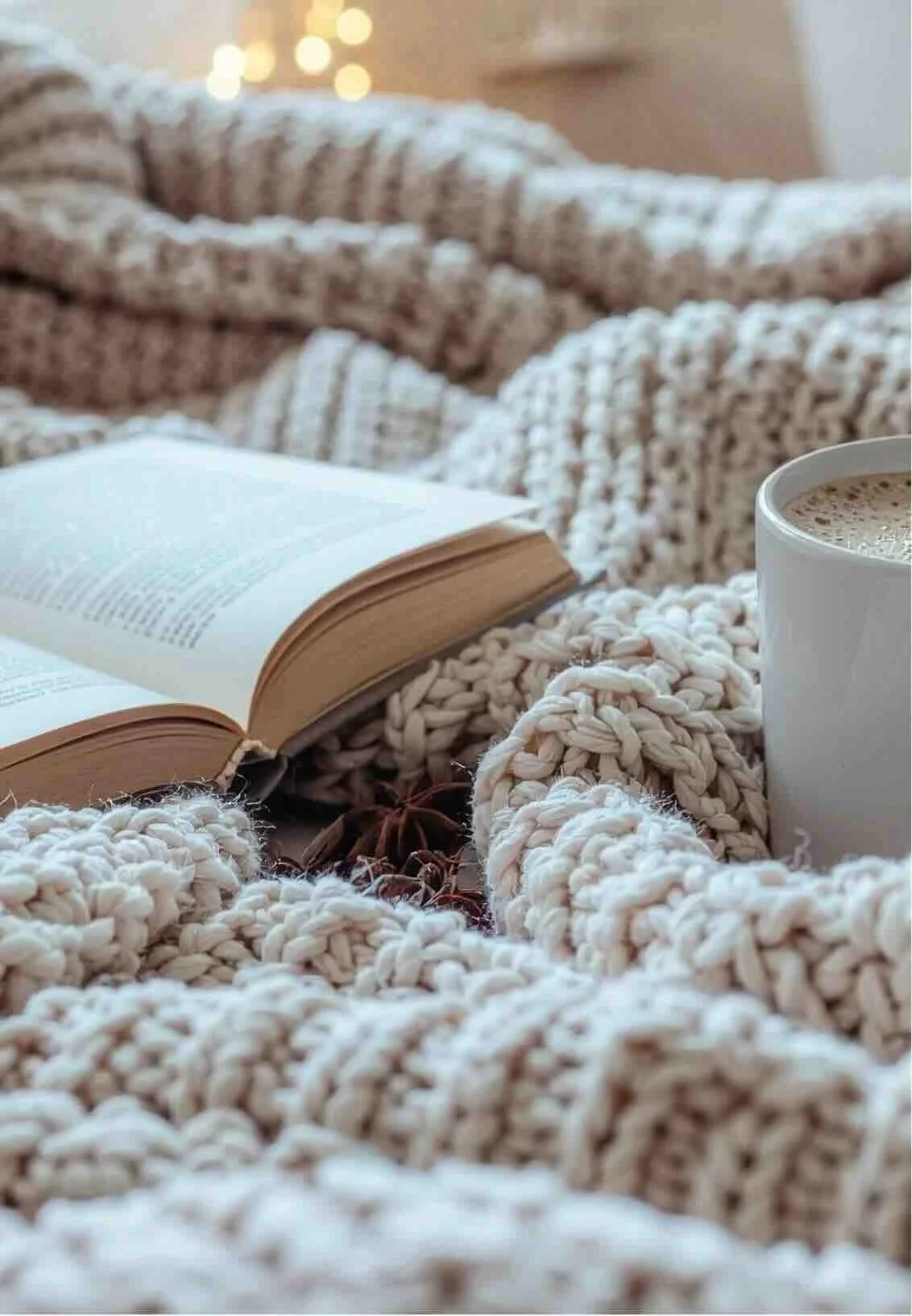 A warm and cozy setting with an open book, a white coffee mug, and a soft knit blanket, creating a peaceful space that reflects nervous system regulation and trauma therapy.