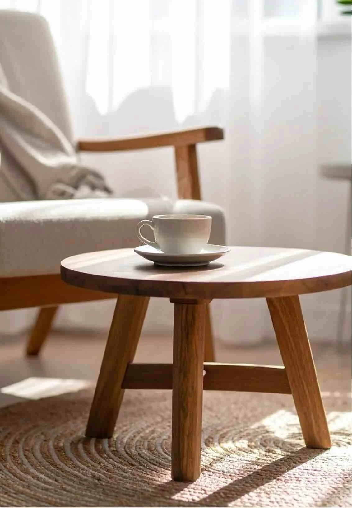 A white coffee cup on a small wooden table next to a cozy beige armchair in a sunlit room, representing a grounded, calm nervous system achieved through EMDR therapy.