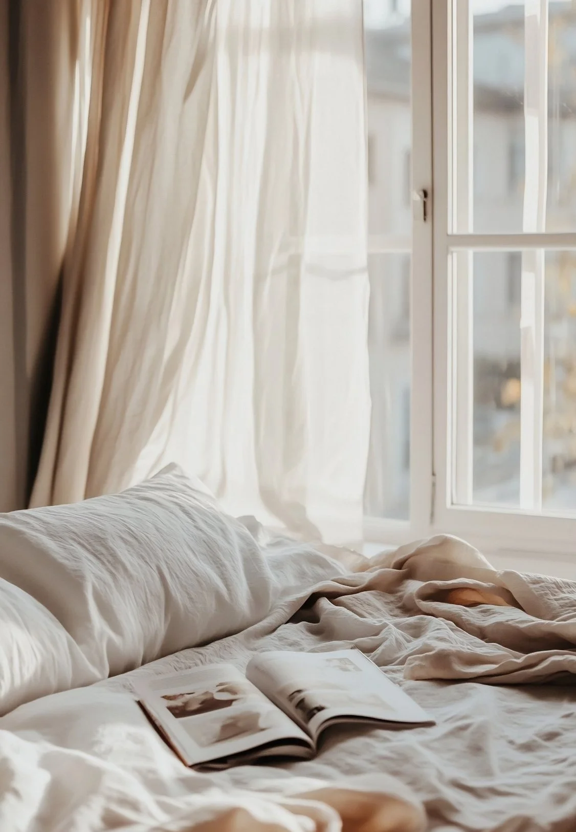 Sunlit bedroom with a window draped in white curtains, a bed with white bedding, an open magazine, and a photo in a frame.