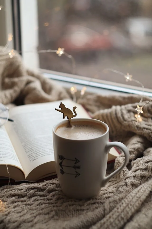 A cozy indoor scene with a mug of coffee or hot chocolate on a large knitted blanket, an open book, and string lights with star-shaped bulbs, set near a window with blurred outdoor background.