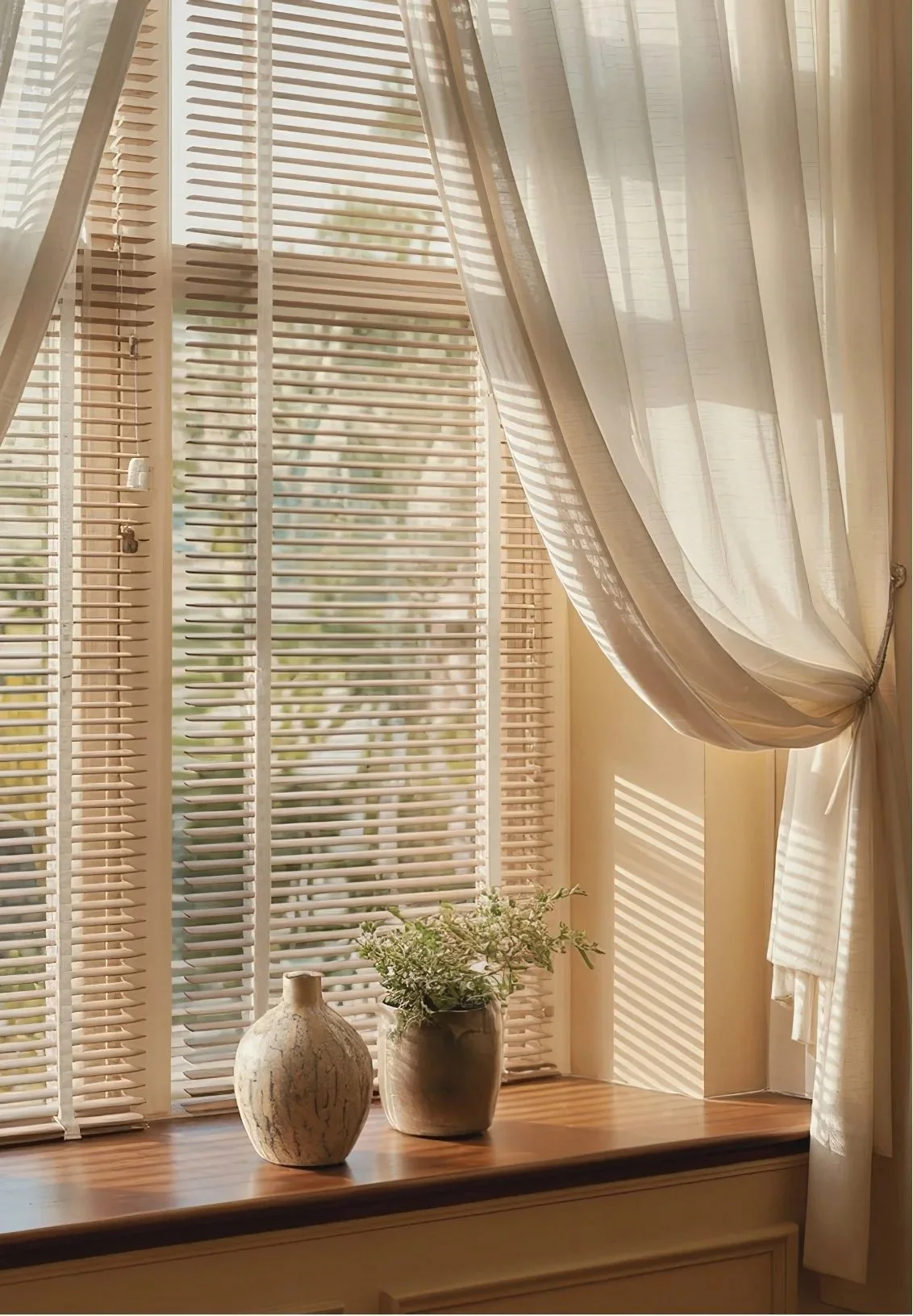 Sunlight filters through wooden blinds and sheer curtains onto a wooden windowsill with two vases, one with greenery, in a cozy room.