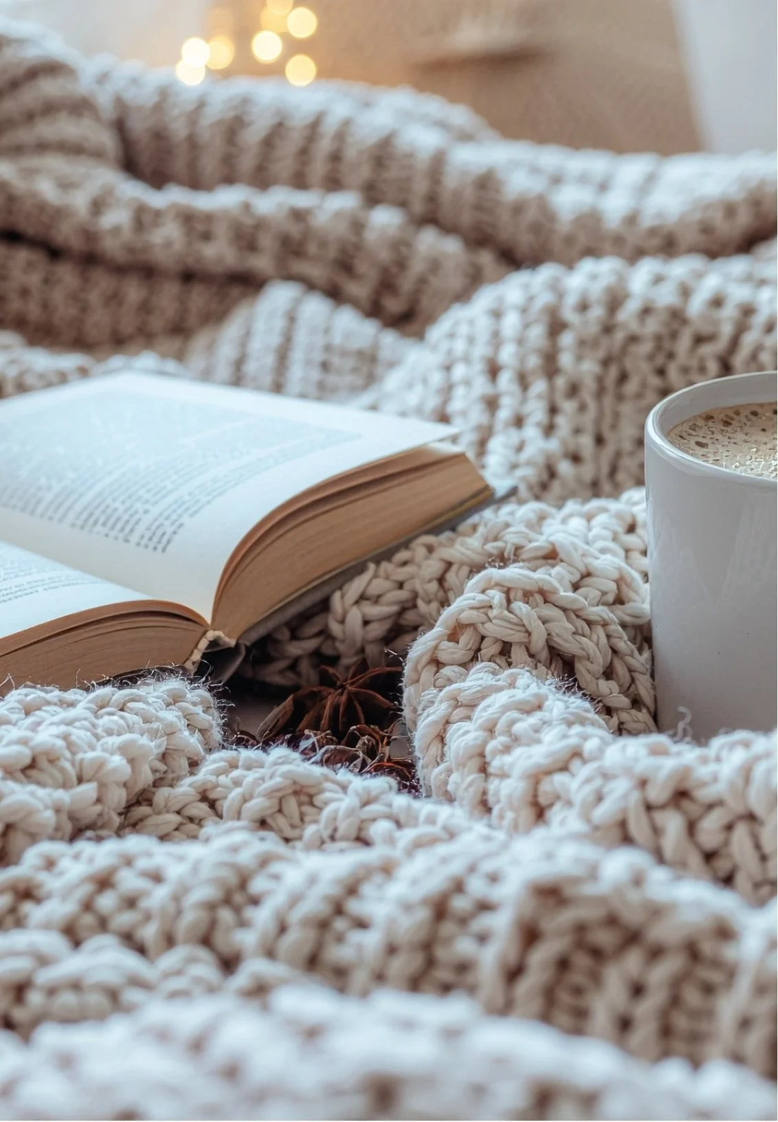 A cozy scene with an open book, a white mug of coffee, and a chunky knit blanket in warm tones, with blurred Christmas lights in the background.