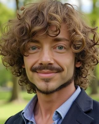 Close-up of a man with curly brown hair, light blue eyes, and a mustache, smiling outdoors with a blurred green background.