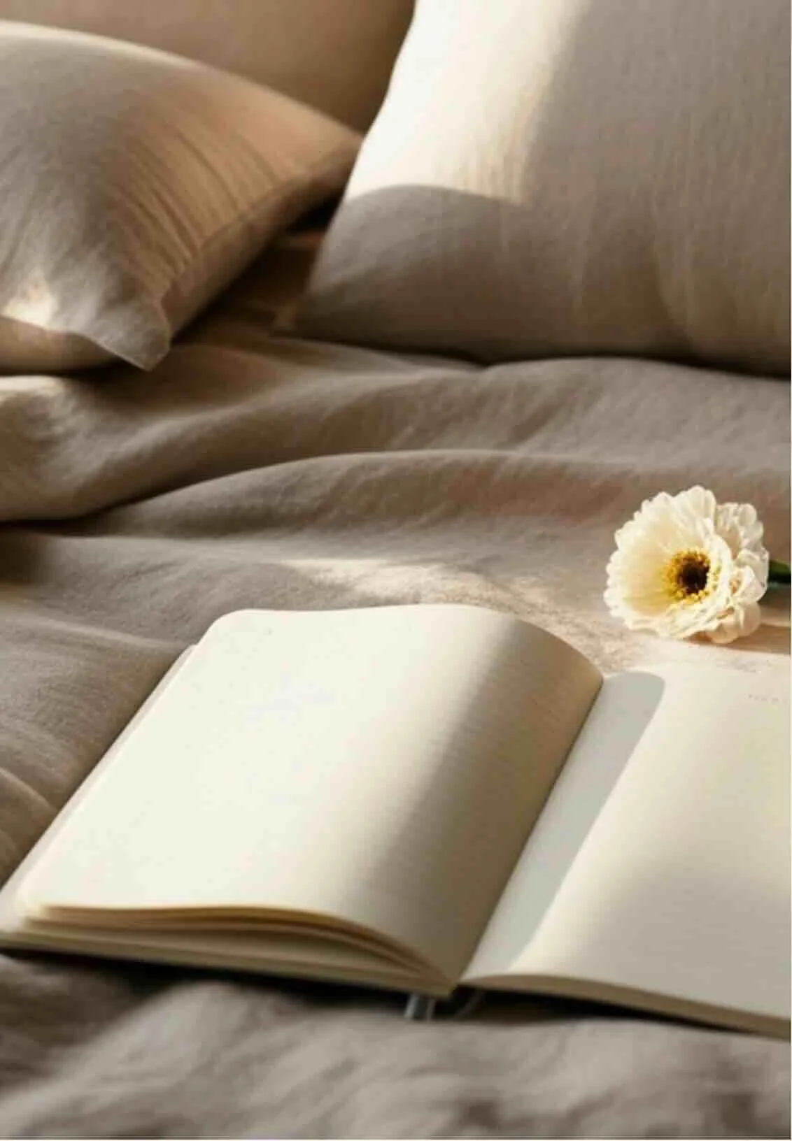 A minimalist setting with an open journal and a white flower on soft bedding, symbolizing a regulated nervous system and a break from constant mental reviewing and reassurance-seeking.