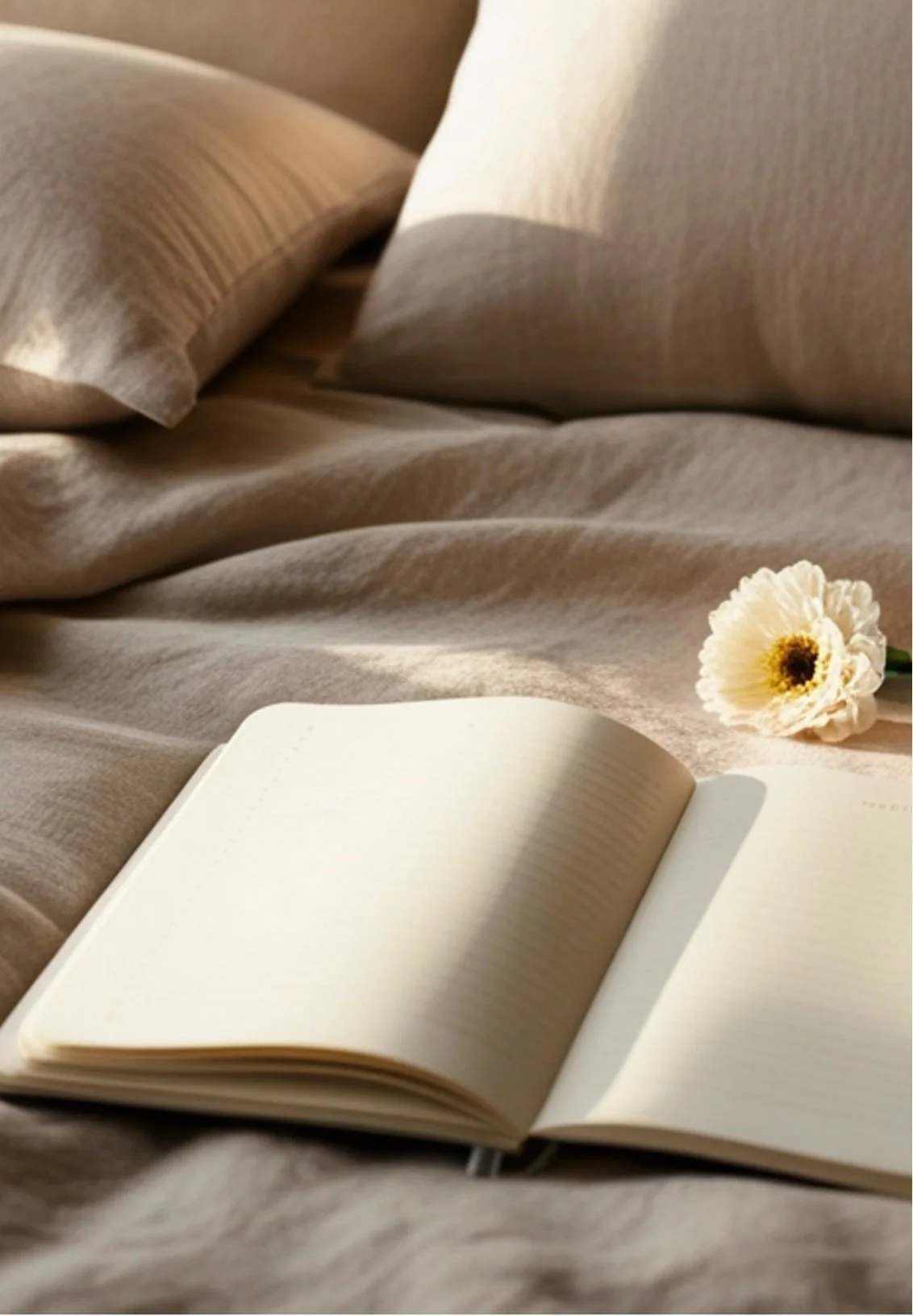 Open blank notebook lying on beige bed sheets with a white flower nearby, in soft warm lighting.
