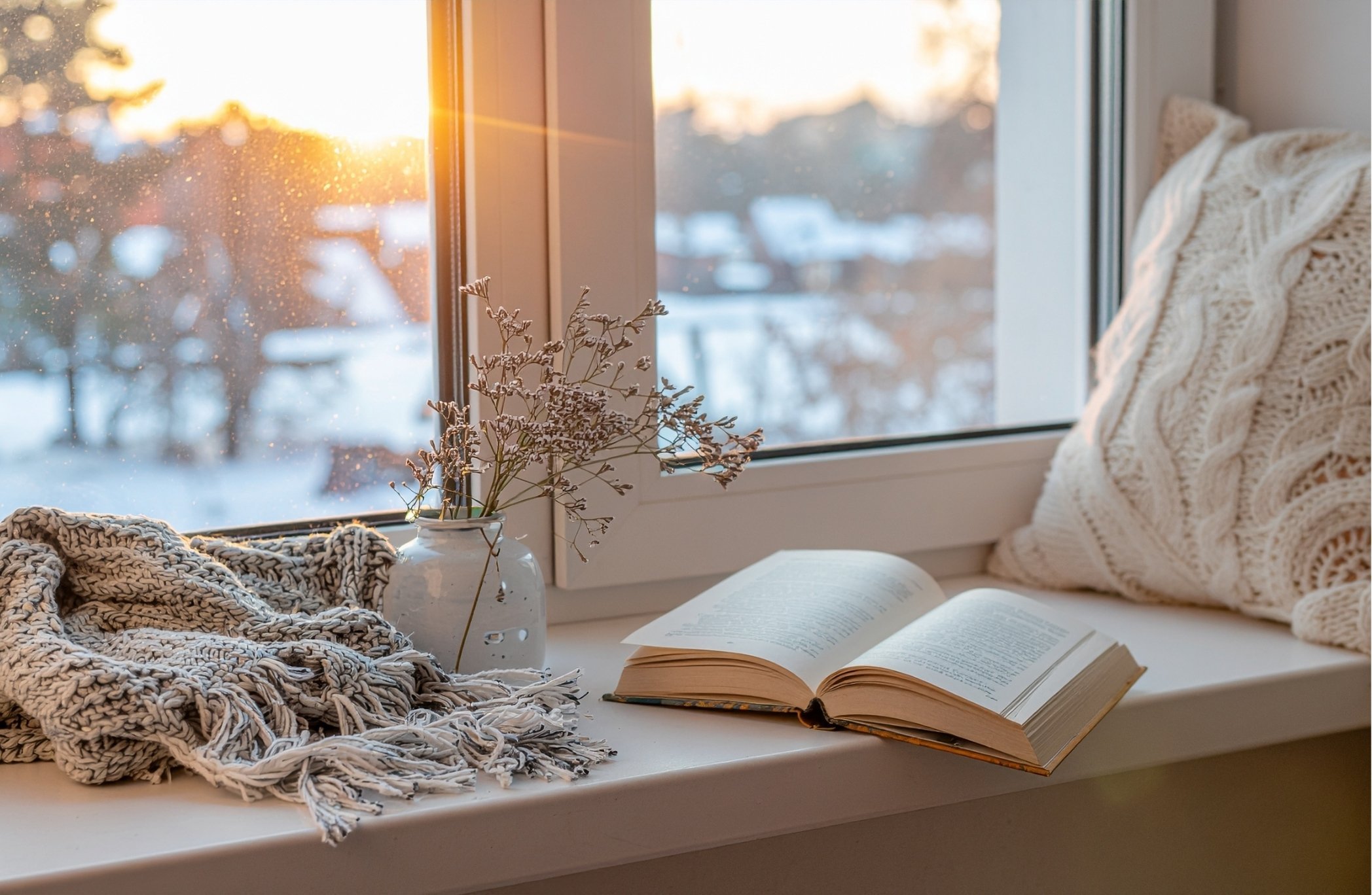 Sunset view through a window with a cozy windowsill setup, including an open book, a knitted blanket, a white cushion, and a vase with dried flowers.