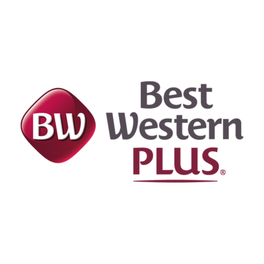 Logo of Best Western Plus hotel chain with red diamond shape and purple and red text.