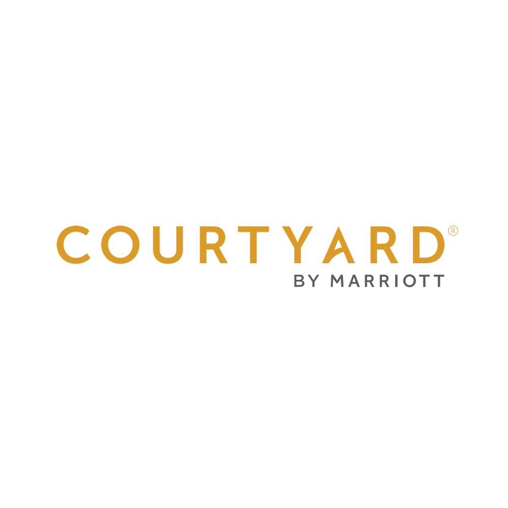Courtyard by Marriott logo with black background, gold and gray text.