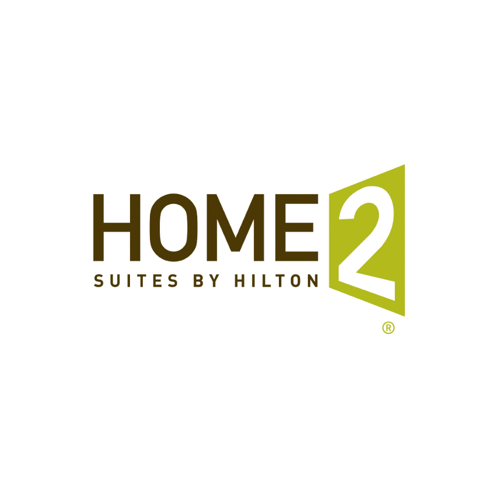 Logo for Home2 Suites by Hilton featuring black text 'HOME' and a green number '2' inside a tilted square outline.