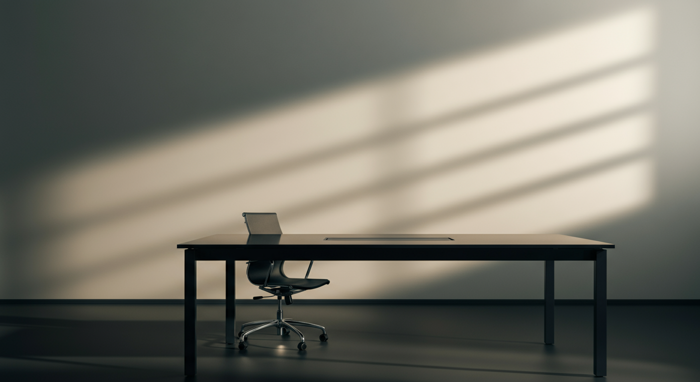 An empty modern office with a black desk and an ergonomic black office chair. Light streams through blinds, casting horizontal shadows on the wall.