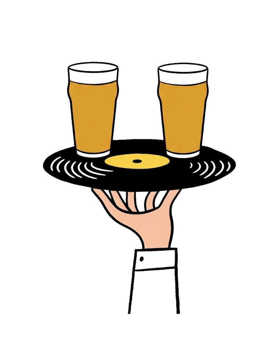 A hand holding a tray with two glasses of beer, depicted in a cartoon style.
