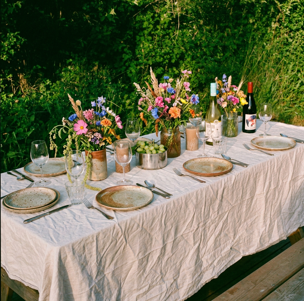 A long outdoor dining table set with plates, silverware, and empty wine glasses, decorated with colorful flower arrangements, bottles of wine, grapes, and candles in a lush green garden.